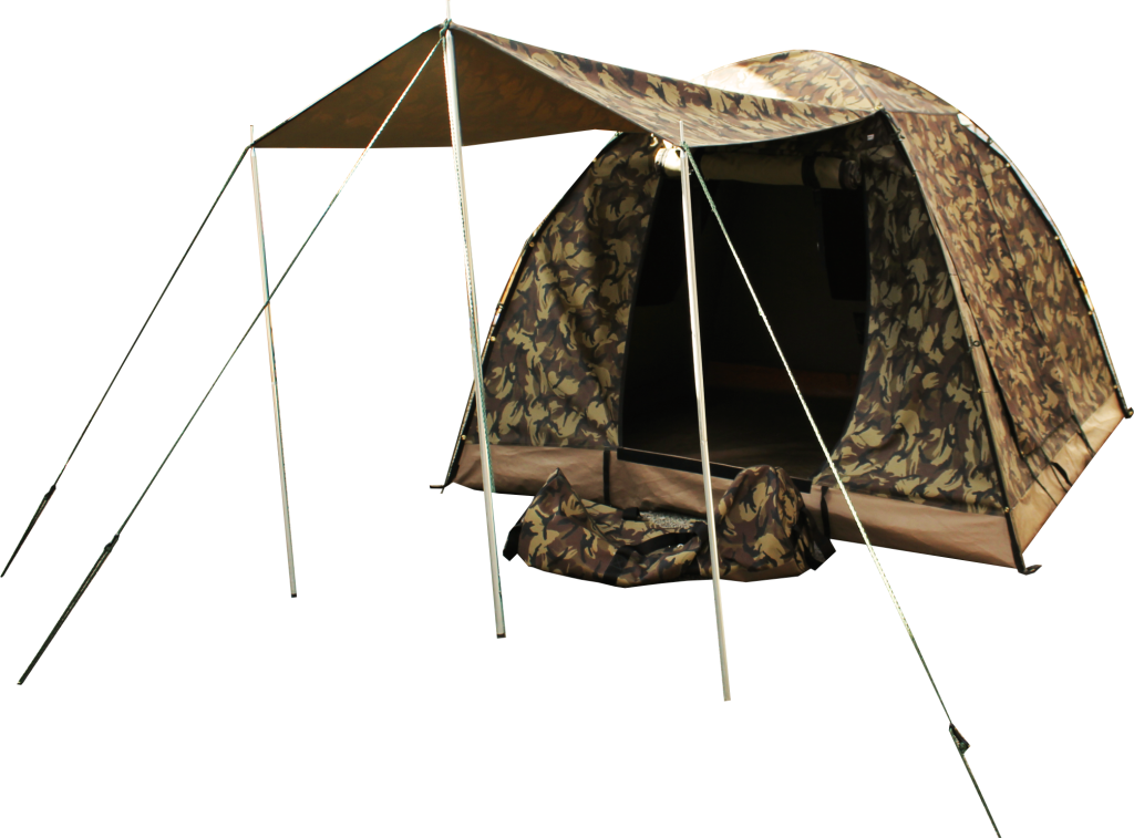 A durable canvas tent pitched in a grassy field, showcasing Kroonstad Outdoor Centre’s weather-resistant craftsmanship as a leading outdoor products manufacturer.